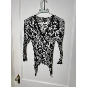 Vintage Essentials Milan Black White Floral Crinkle Y2K Sheer Whimsygoth Top SM